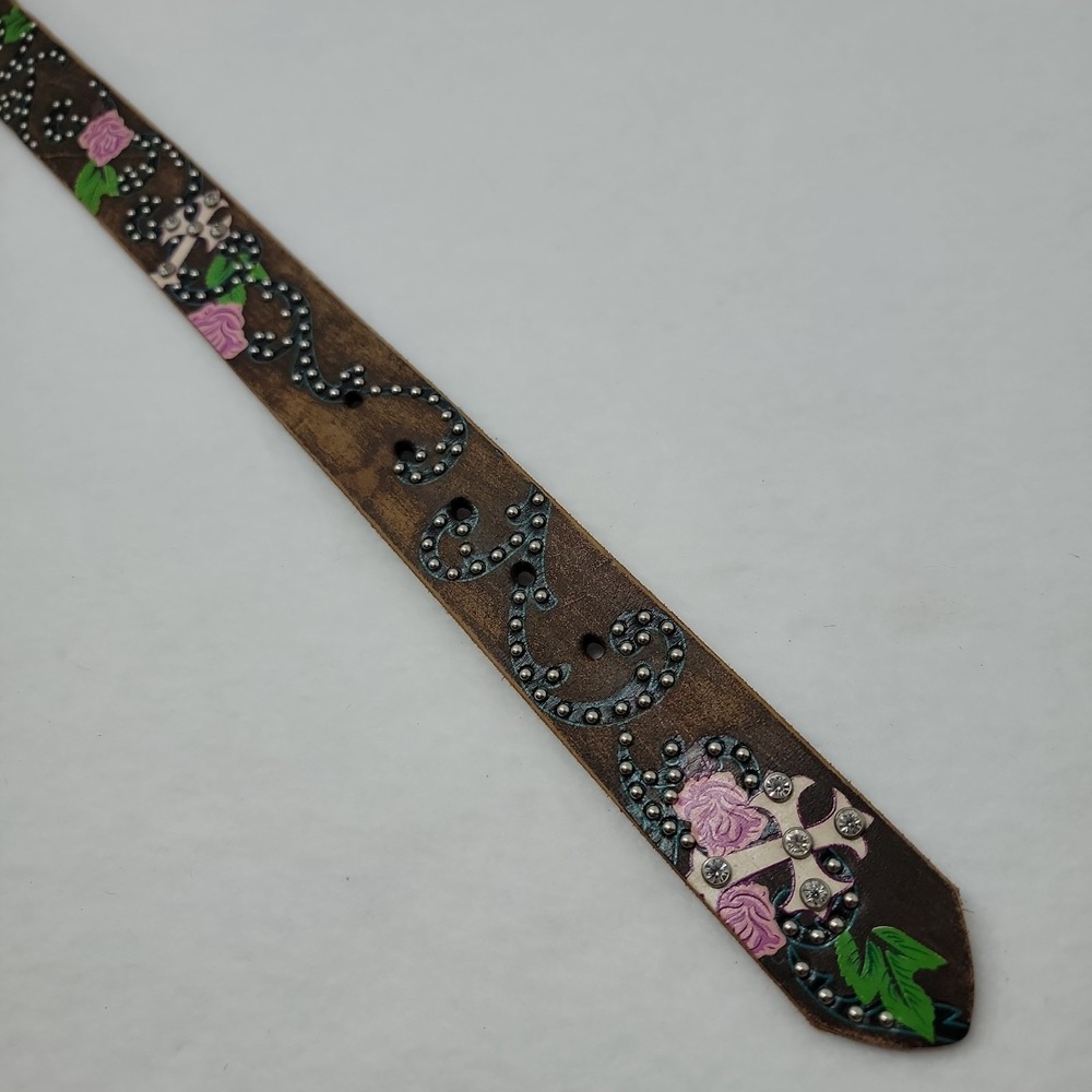 NOCONA Rhinestone Belt Wing Cross Buckle Silver Studs Tool Leather Western Sz S - Picture 7 of 12
